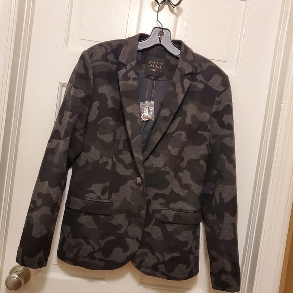 G.I.L.I Black & Gray Camo Print Ponte Knit Blazer Lined Size 10 - Picture 2 of 12